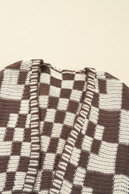 Taupe Colorblock Checked Open Front Knitted Cardigan