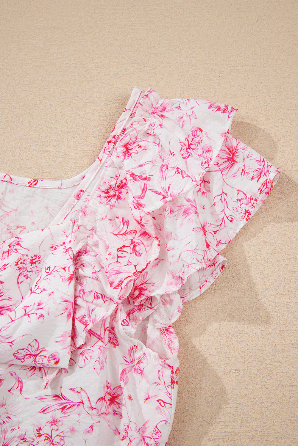 Pink Floral Ruffle Short Sleeve Bow Back Blouse