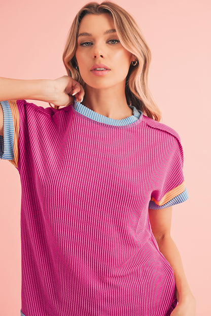 Rose Red Textured Colorblock Round Neck T Shirt