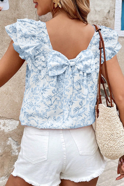 Pink Floral Ruffle Short Sleeve Bow Back Blouse
